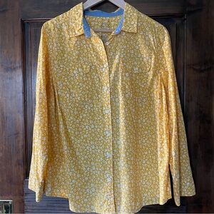 St John’s Bay Yellow Floral Button Up Collared Shirt Roll Tab Sleeve Siz…